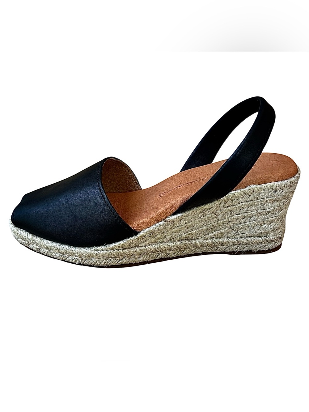 Nwob Spanish Sandal Co Black Leather Espadrille Wedge Sandals View 6